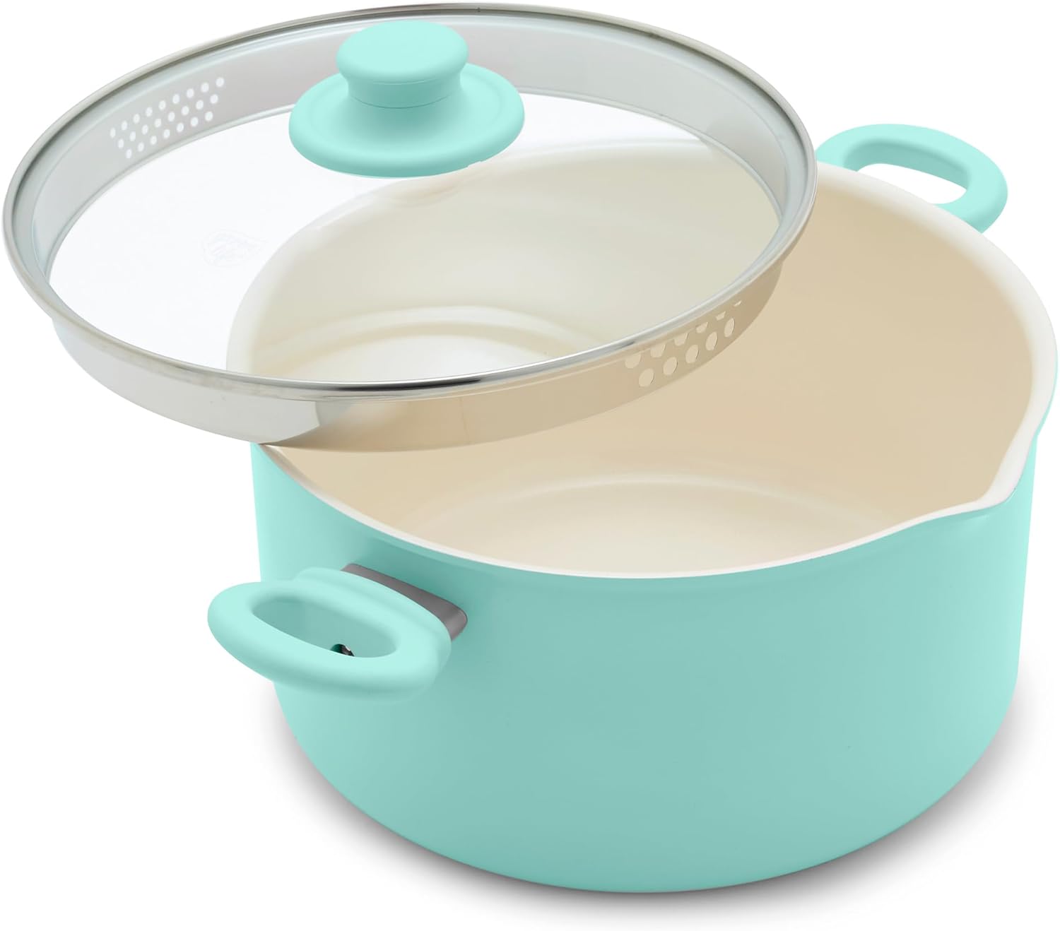 619lZdaaBFL._AC_SL1500_.jpg GreenLife 6QT Nonstick Stockpot with Straining Lid, Soft Grip, PFAS-Free Ceramic, Pour Spout, Multipurpose Cooking Pot, Sauces & Soups, Milk Pan, Stay-Cool Handles, Dishwasher & Oven Safe, Turquoise - Image 2