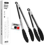 2 Pack Black Premium Stainless Steel Heat Resistant Kitchen Tongs for cooking,set of 9" and 12",Non Scratch Silicone cooking Tong Tip for Cooking Pans,Strong Grip BBQ tongs for Grabbing Hot Food - Image 2