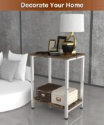 2 Tier Side Table, Heavy Duty End Table with Shelves, Narrow nightstand Table for Small Spaces, Record Player Table for Bedroom, Living Room, Sofa Couch - Rustic Brown & White - Image 8