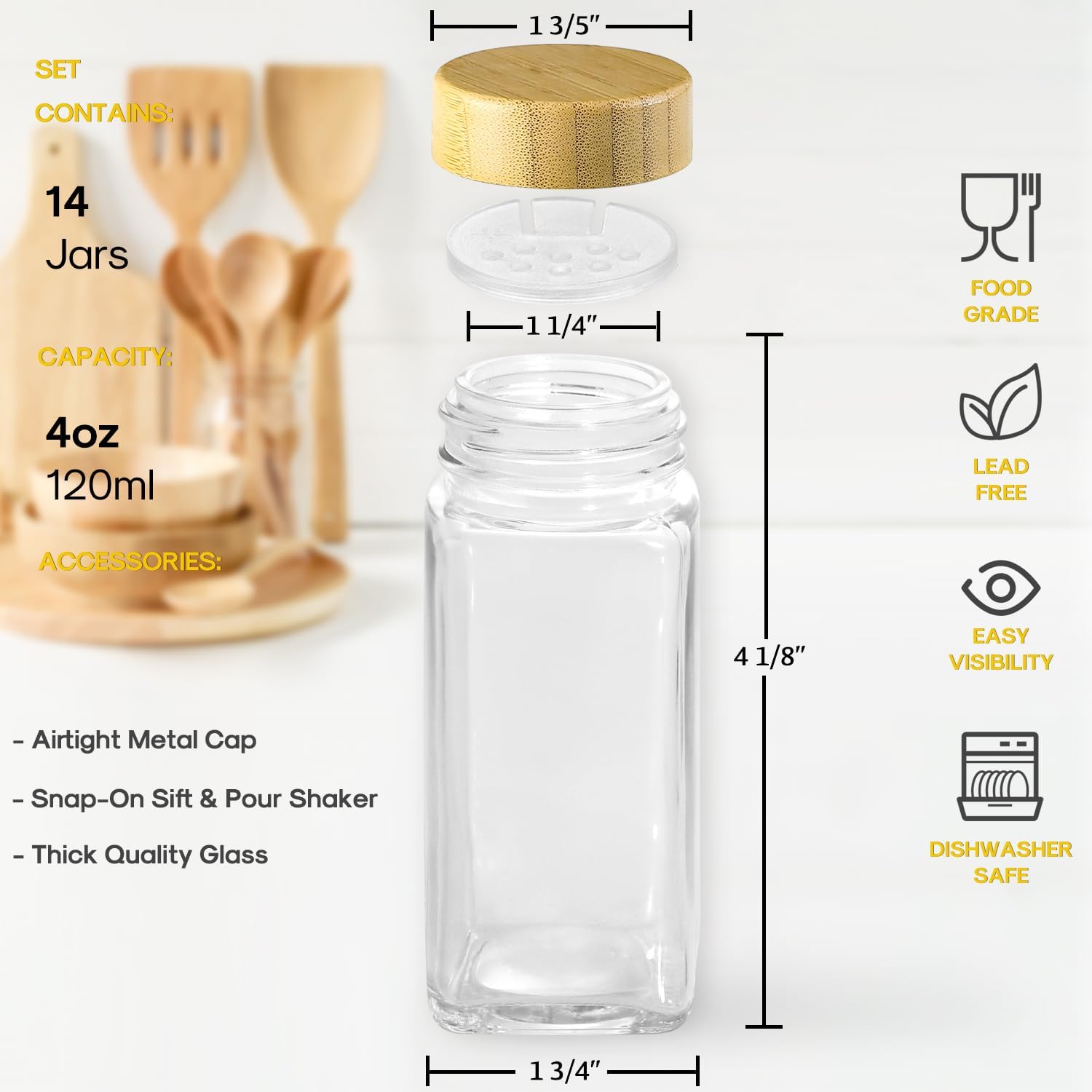 61OKtZ-MJL._AC_SL1500_.jpg AOZITA 14 Pcs Spice Jars with Bamboo Lids - 4oz Square Spice Bottles with Spice Labels, Shaker Lids, Funnel - Image 4