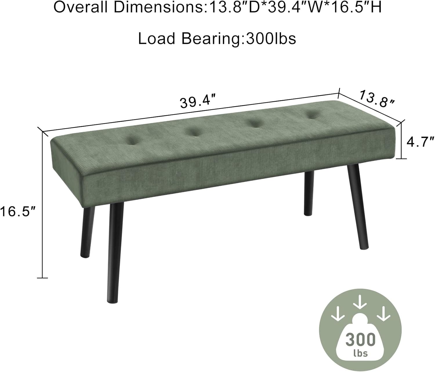 61OjDxsWNiL._AC_SL1500_.jpg Entryway Bench - Green Bench for Bedroom, Modern Ottoman End of Bed, Corduroy Padded Benches for Living Room, Foyer, Mudroom, Hallway - 39" L x 14" W x 17" H - Image 3