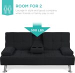 Best Choice Products Linen Modern Folding Futon, Reclining Sofa Bed for Apartment, Dorm w/Removable Armrests, 2 Cupholders - Black - Image 6