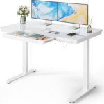 Marsail Glass Standing Desk with Drawer, 48x24 inch,Sit Stand Desk with One-Piece Tabletop & USB Charging Ports, Computer Table with Storage for Home & Office White - Image 2
