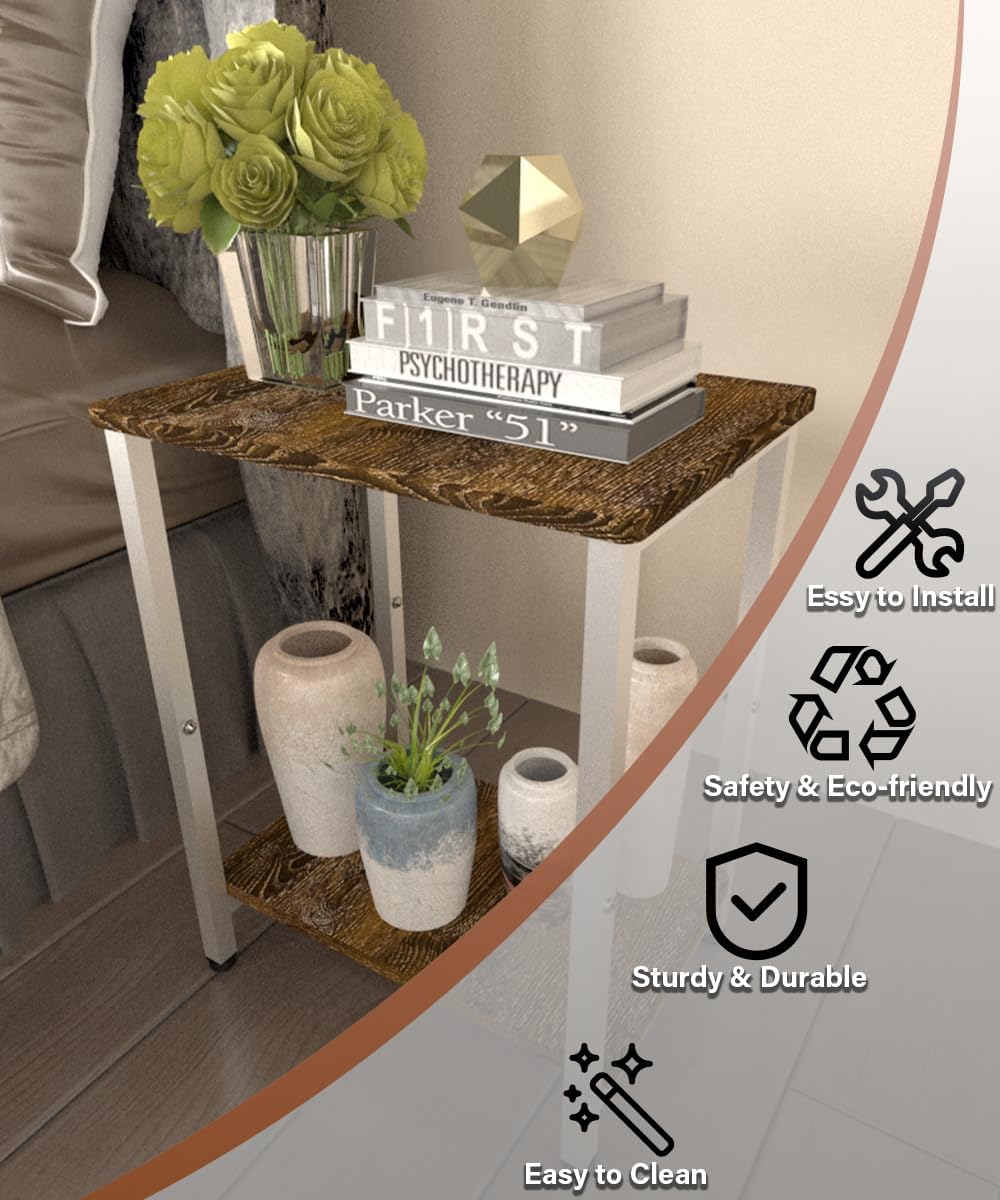 61VhZfmmmUL._AC_SL1200_.jpg 2 Tier Side Table, Heavy Duty End Table with Shelves, Narrow nightstand Table for Small Spaces, Record Player Table for Bedroom, Living Room, Sofa Couch - Rustic Brown & White - Image 5