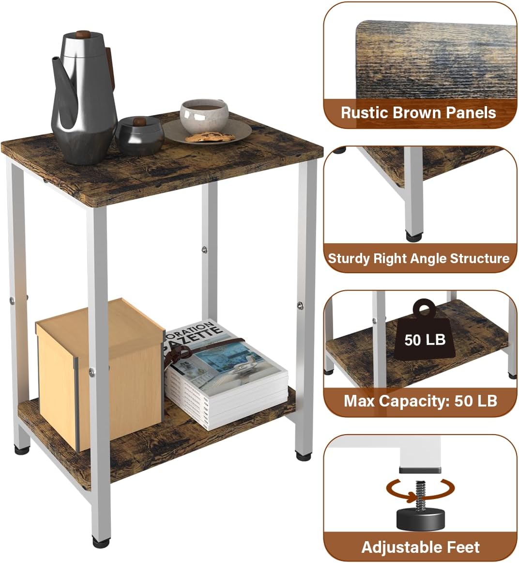 61gQzgTn1GL._AC_SL1200_.jpg 2 Tier Side Table, Heavy Duty End Table with Shelves, Narrow nightstand Table for Small Spaces, Record Player Table for Bedroom, Living Room, Sofa Couch - Rustic Brown & White - Image 4