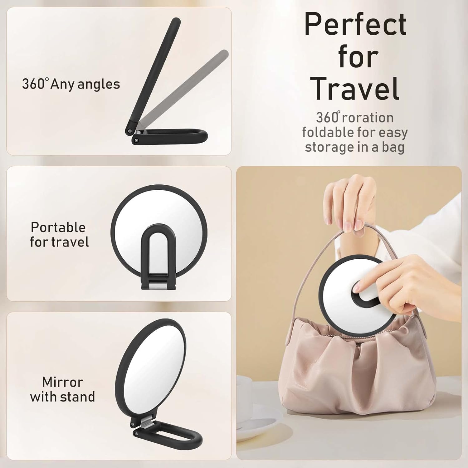 61idcE1BErL._SL1500_.jpg Magnifying Handheld Mirror Double Sided, 1X 15X Magnification Hand Mirror, Travel Folding Held Adjustable Rotation Pedestal Makeup Desk Vanity - Image 7