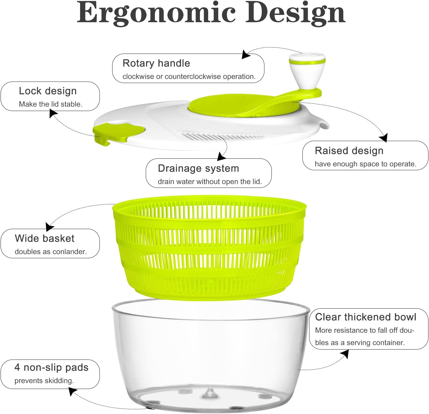 61l85pH8yEL._AC_SL1500_.jpg Ourokhome Salad Spinner Lettuce Dryer, Rotary Veggie Washer with Compact Bowl and Colander, Easy to Clean, Wash, Dry Vegetables, Fruits, Lettuce, Greens, Lockable Lid, 4L, Green - Image 5