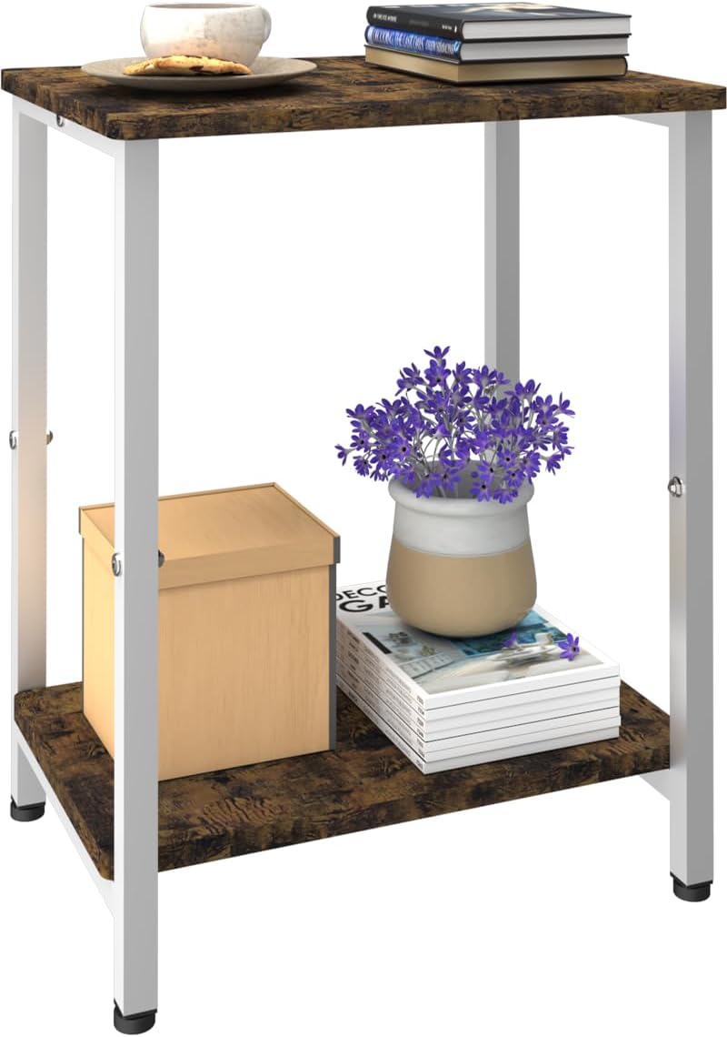 61lNqO5qs7L._AC_SL1156_.jpg 2 Tier Side Table, Heavy Duty End Table with Shelves, Narrow nightstand Table for Small Spaces, Record Player Table for Bedroom, Living Room, Sofa Couch - Rustic Brown & White - Image 2