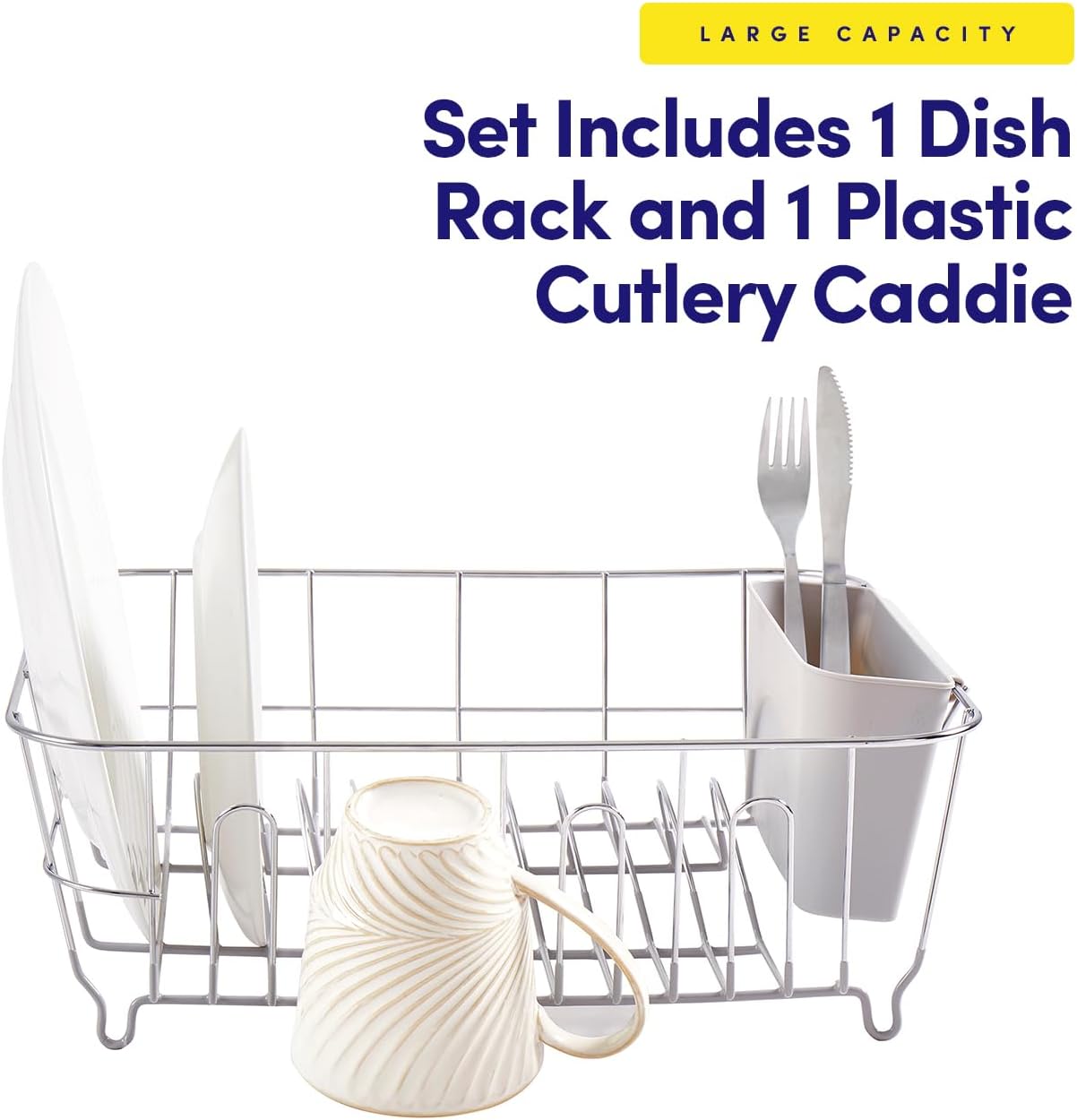 61qLn7LBS4L._AC_SL1500_.jpg Dish Drying Rack & Cutlery Holder 2 Piece Set - Compact Sink-Fitting Dish Drainer with Rubberized Undercoating, Space-Saving Kitchen Organizer for Plates, Cups, Bowls & Utensils In Sink, Silver - Image 4
