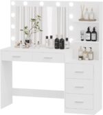 Rovaurx 46.7" Makeup Vanity Table with Lighted Mirror, Large Vanity Desk with Storage Shelf & 5 Drawers, Bedroom Dressing Table, 11 LED Lights, White - Image 8