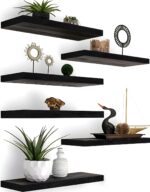 Wood Floating Shelves for Wall Decor, Rustic Wall Shelves for Bedroom Bathroom Kitchen Living Room, Set of 6 Black - Image 2