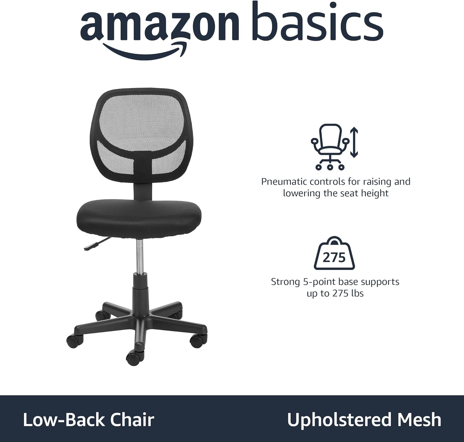71rZa1FfgL._AC_SL1500_.jpg Amazon Basics Rolling Desk Chair, Adjustable, Low Back, Padded Seat, Breathable Mesh, Swivel, Black, 21.25" D x 22.5" W x 38" H - Image 5