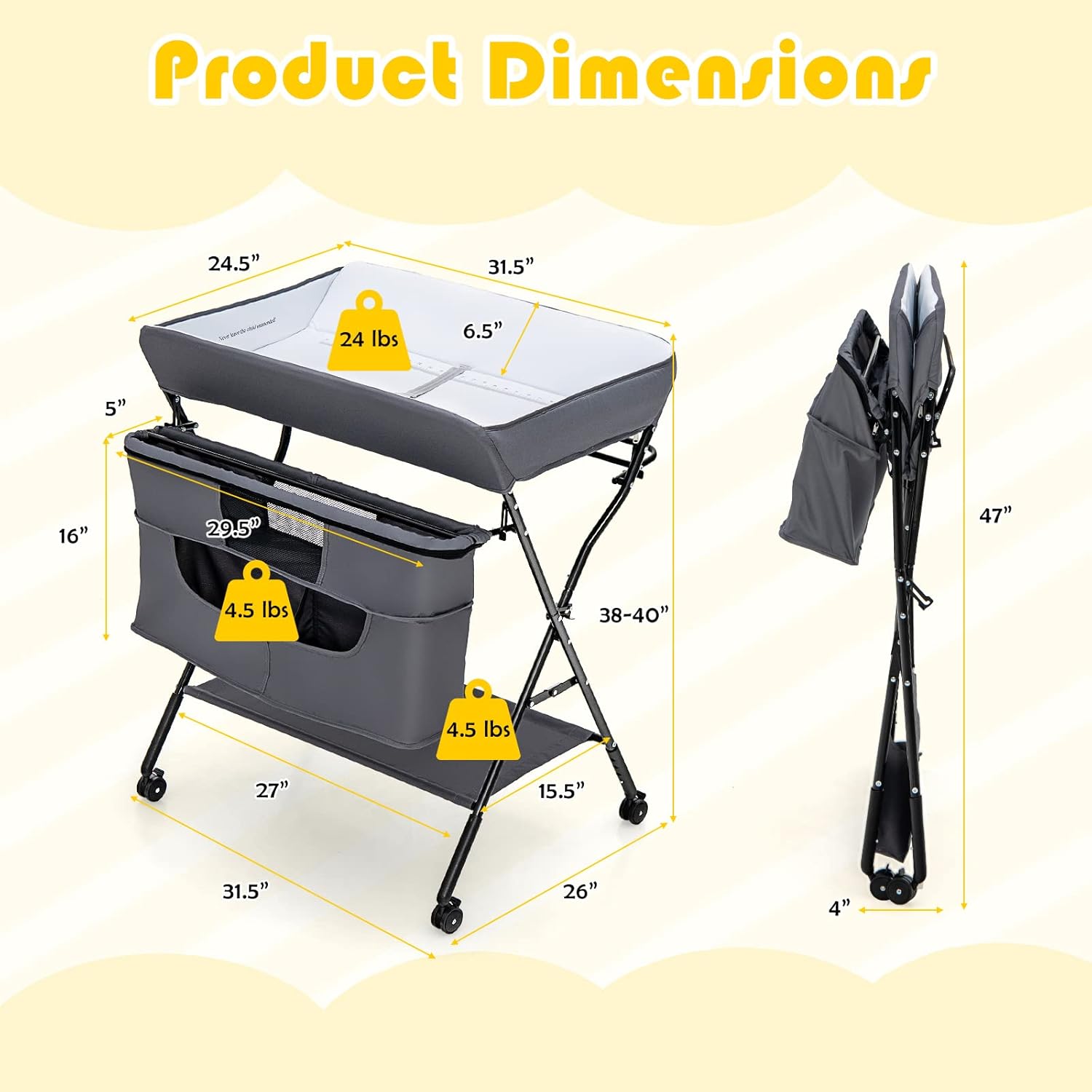 71-3L3dKZ8L._SL1500_.jpg Costzon Baby Changing Table, Adjustable Height Portable Diaper Station w/Lockable Wheels, Safety Belt, Large Storage Rack & Bag, Folding Nursery Station for Infant Newborn (Grey) - Image 8