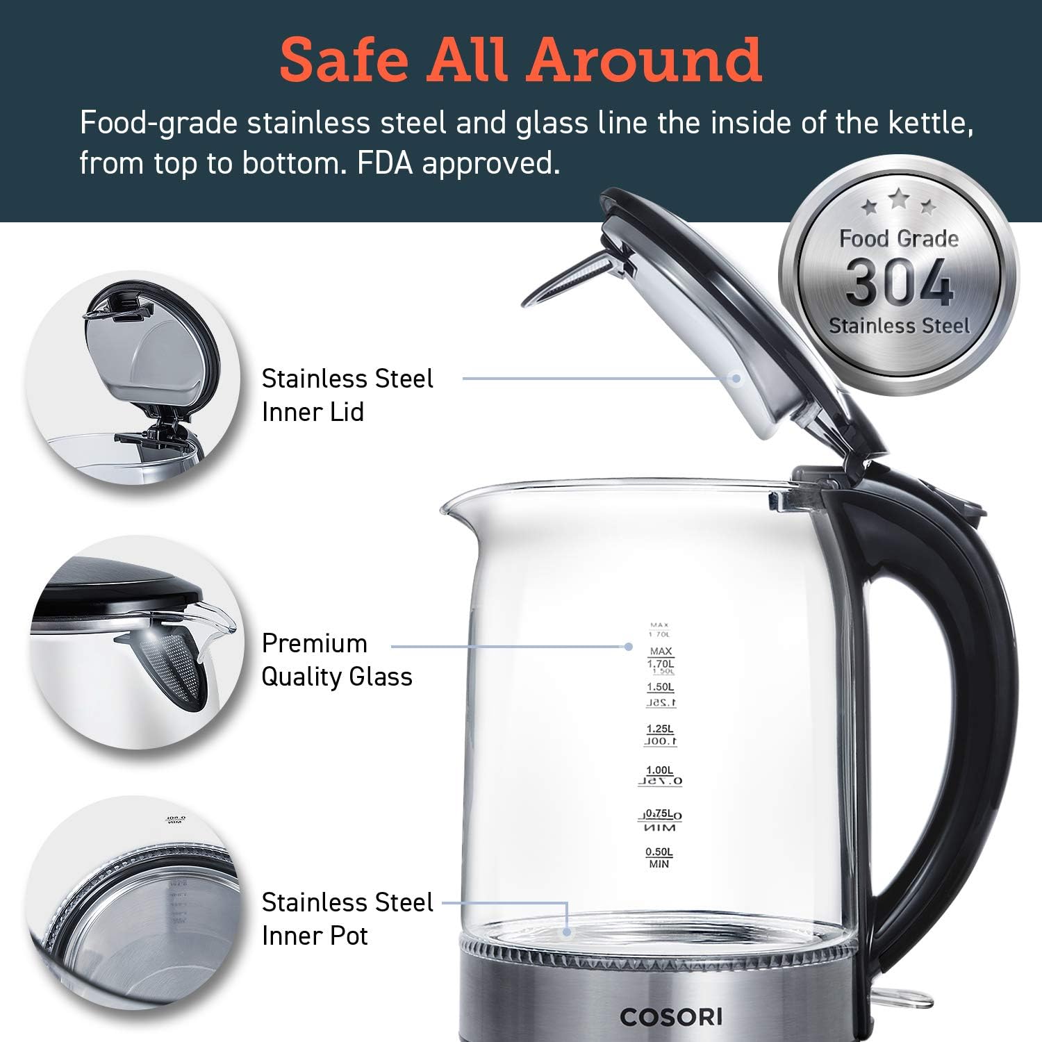 71-bOyQ8SNL._AC_SL1500_.jpg COSORI Speed-Boil Electric Tea Kettle, 1.7L Hot Water Kettle (BPA Free) 1500W Auto Shut-Off & Boil-Dry Protection, LED Indicator Inner Lid & Bottom, Transparent - Image 3
