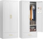 Armoire Wardrobe Closet with Doors, 71'' Wardrobe Cabinet with Hanging Rod, Metal Closet with 2 Adjustable Shelves for Bedroom School, Employee, Gym, Armarios De Ropa para Dormitorio, White - Image 10