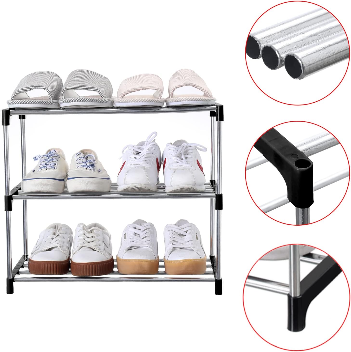 714Ebbsh8gL._AC_SL1500_.jpg Stackable Small Shoe Rack, Entryway, Hallway and Closet Space Saving Storage and Organization (3-Tier, Black) - Image 6