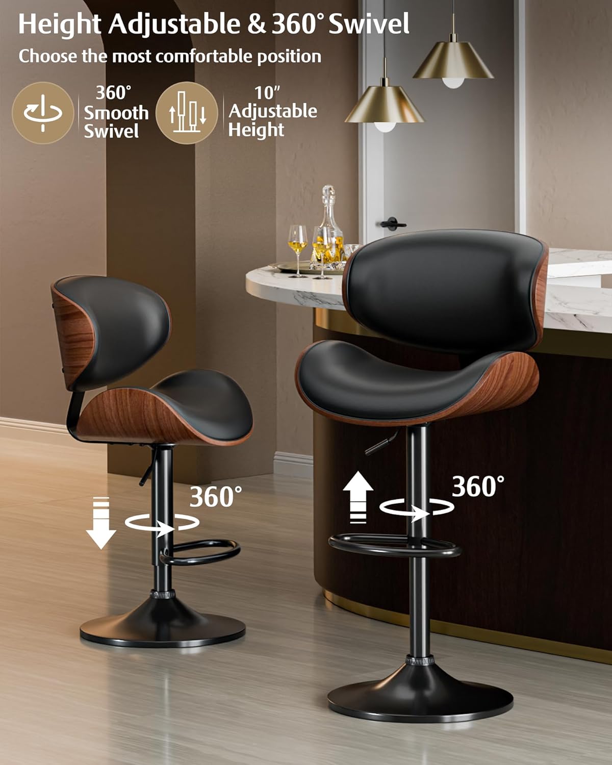 715KJBtUWjL._AC_SL1500_.jpg Bar Stools Set of 4, Adjustable Swivel Bar Stools Mid-Century Modern PU Leather Counter Height Bar Stool for Kitchen Island Bar Chairs with Back (Black) - Image 5