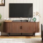ONBRILL 55" TV Stand with Power Outlet for TVs up to 60 Inch, Entertainment Center with Storage and Adjustable Shelves, Modern Media Console with Sliding Doors for Living Room, Walnut - Image 2