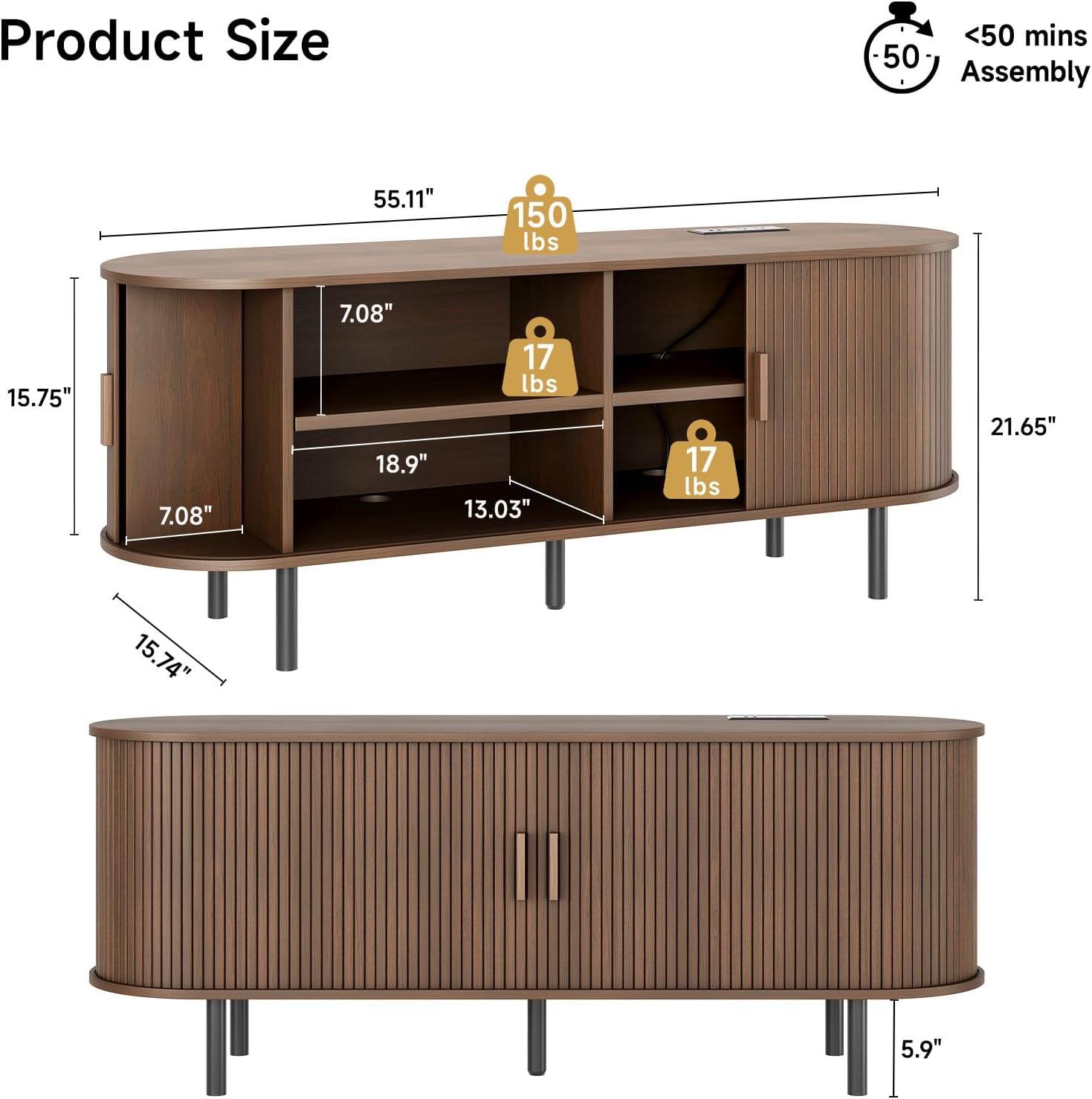 716ehOdQXFL._AC_SL1500_.jpg ONBRILL 55" TV Stand with Power Outlet for TVs up to 60 Inch, Entertainment Center with Storage and Adjustable Shelves, Modern Media Console with Sliding Doors for Living Room, Walnut - Image 3
