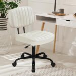 DUMOS Armless Home Office Desk Chair -Small Ergonomic with Low Back Lumbar Support, Height Adjustable PU Leather Computer Task with 360° Swivel Rolling Wheels, for Small Space, Beige White - Image 2