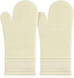 Silicone Oven Mitt Set 7"x14", Extra Long Oven Mitts Heat Resistant Non-Slip Quilted Liner Kitch Oven Gloves for BBQ, Baking, Cooking, Beige - Image 2