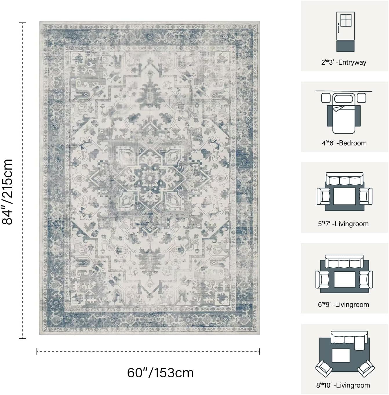 71BFb7pHP6L._AC_SL1500_.jpg Area Rugs 5x7, Washable Rugs for Living Room, Vintage Boho Light Blue Rug for Office, Dining Room, Kids Room and Farmhouse, Durable Low Pile Non-Slip Area Rug for High Traffic Areas - Image 3