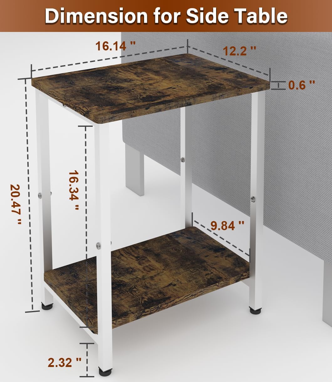 71G0SPOeSAL._AC_SL1220_.jpg 2 Tier Side Table, Heavy Duty End Table with Shelves, Narrow nightstand Table for Small Spaces, Record Player Table for Bedroom, Living Room, Sofa Couch - Rustic Brown & White - Image 3