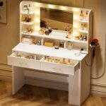 COMHOMA Vanity Desk with Lighted Mirror and Power Outlet, RGB LED Lights Makeup Vanity Set for Girls, Large Storage Capacity Dressing Table for Bedroom, 3 Lighting Modes Adjustable Brightness, White - Image 10