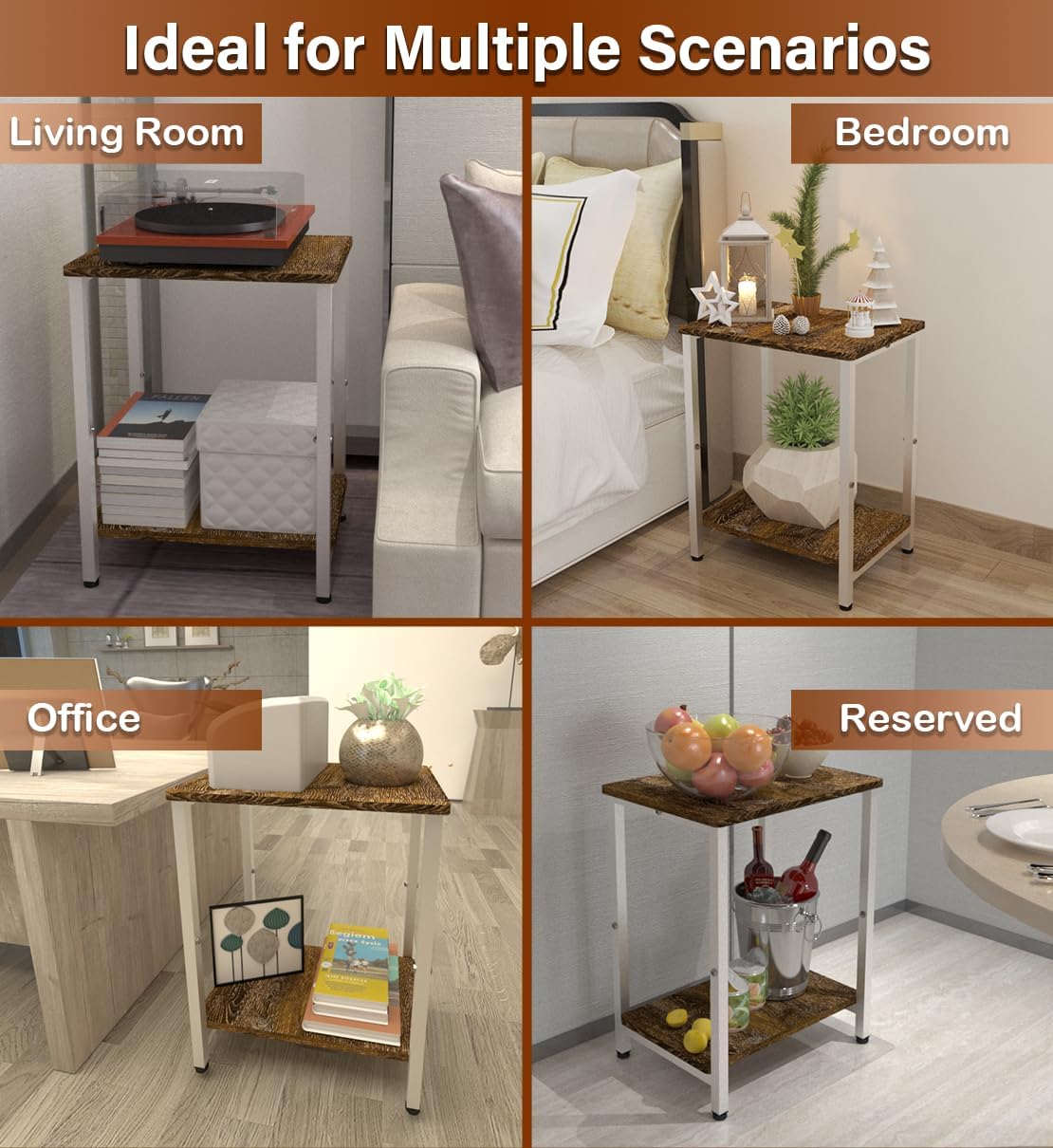 71GskWtWU2L._AC_SL1210_.jpg 2 Tier Side Table, Heavy Duty End Table with Shelves, Narrow nightstand Table for Small Spaces, Record Player Table for Bedroom, Living Room, Sofa Couch - Rustic Brown & White - Image 7