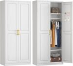 Armoire Wardrobe Closet with Doors, 71'' Wardrobe Cabinet with Hanging Rod, Metal Closet with 2 Adjustable Shelves for Bedroom School, Employee, Gym, Armarios De Ropa para Dormitorio, White - Image 9
