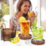 6 Pcs Best Wooden Coasters with Holder Coffee Table Decor Acacia Wood Coaster Set Modern Cup Coaster for Drink Home Dining Table Kitchen Accessories Cute Beer Bar Decorative Rustic Outdoor Coasters - Image 3
