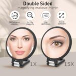 Magnifying Handheld Mirror Double Sided, 1X 15X Magnification Hand Mirror, Travel Folding Held Adjustable Rotation Pedestal Makeup Desk Vanity - Image 3