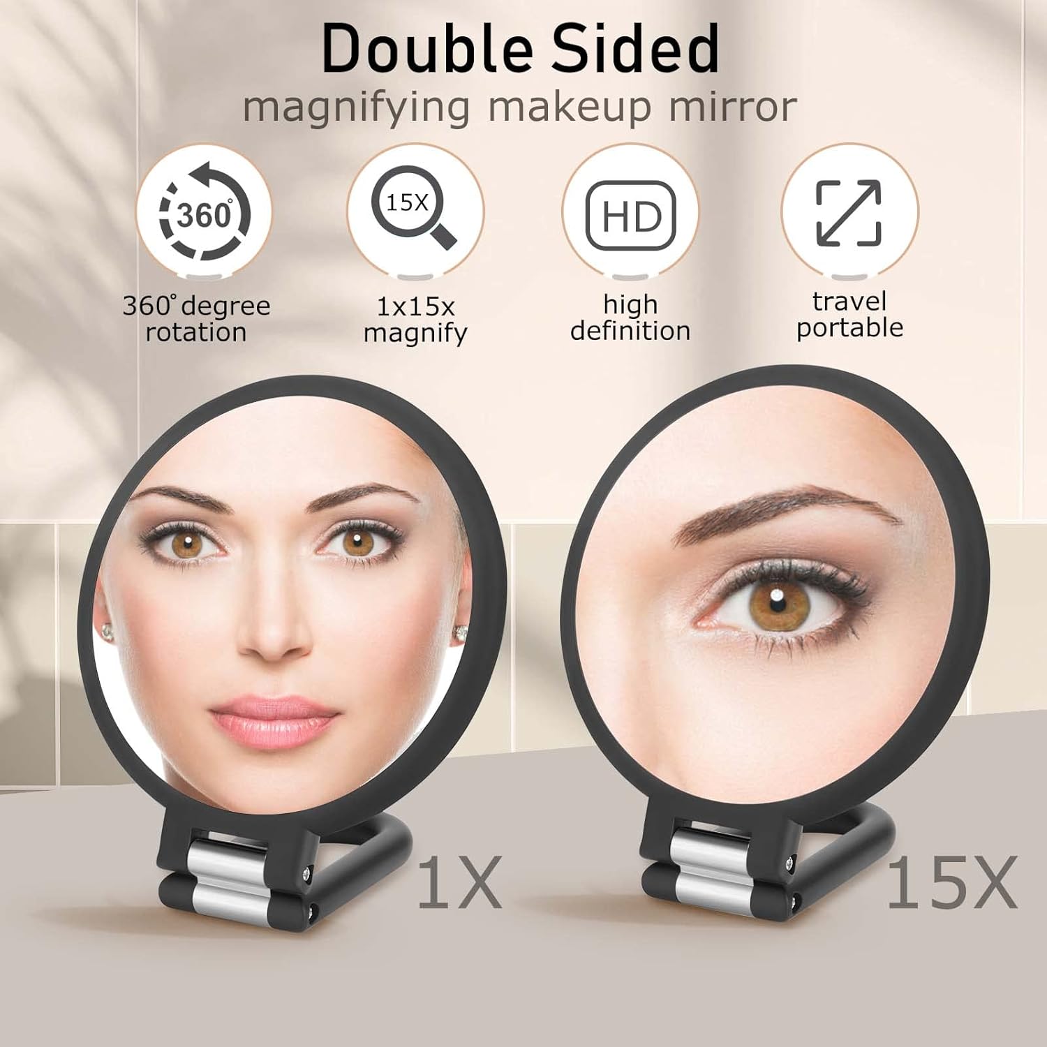 71J6OU5SIXL._SL1500_.jpg Magnifying Handheld Mirror Double Sided, 1X 15X Magnification Hand Mirror, Travel Folding Held Adjustable Rotation Pedestal Makeup Desk Vanity - Image 3
