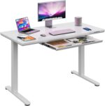 DEVAISE Standing Desk with Drawers, Whole-Piece Glass Adjustable Height Desk, 48 Inch Electric Stand Up Desk, Quick Install, White - Image 2