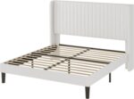 Allewie Full Size Velvet Bed Frame/Vertical Channel Tufted Wingback Headboard/Upholstered Platform Bed/Strong Wooden Slats/No Box Spring Needed/Easy Assembly/White - Image 9