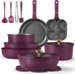 CAROTE 21pcs Pots and Pans Set, Nonstick Cookware Set Detachable Handle, Induction Kitchen Cookware Sets Non Stick with Removable Handle, RV Cookware Set, Gold and Purple - Image 2