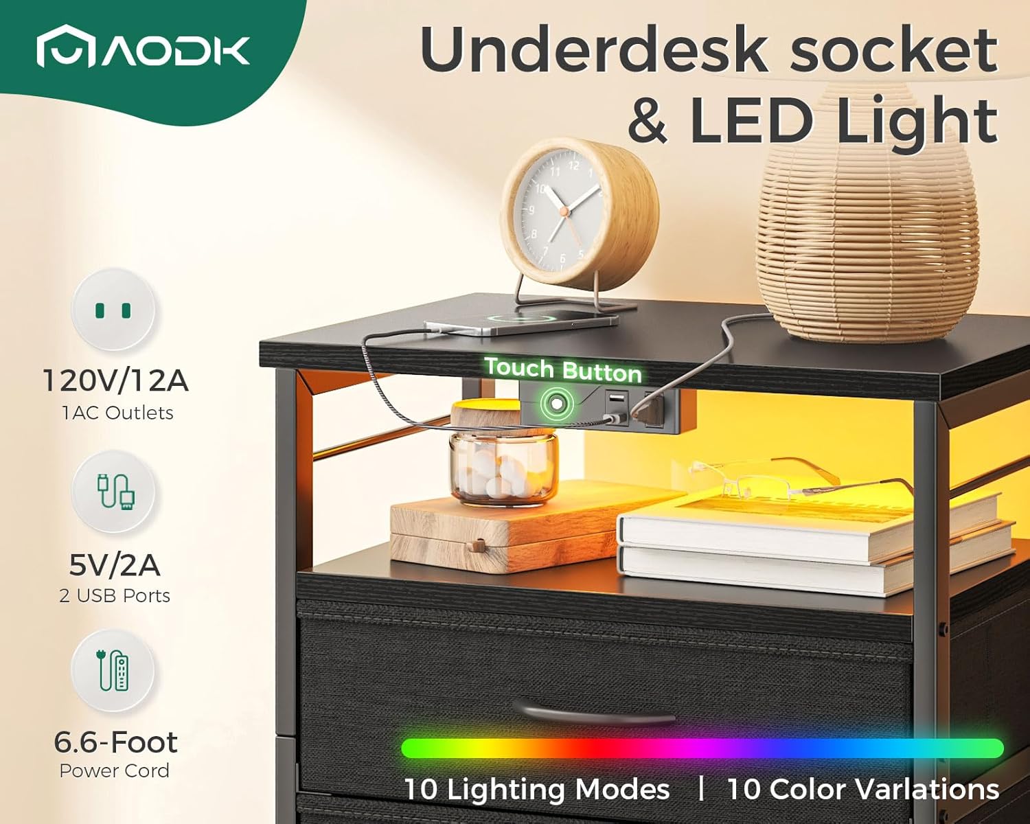 71NYbQUl7JL._AC_SL1500_.jpg AODK Night Stand with Charging Station, End Table for Bedroom Tall Nightstand with Drawers, Small Nightstand for Bedroom, 4 Tier Storage Bedside Table, Black - Image 5