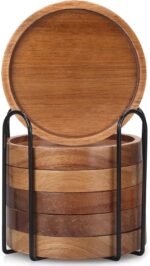 6 Pcs Best Wooden Coasters with Holder Coffee Table Decor Acacia Wood Coaster Set Modern Cup Coaster for Drink Home Dining Table Kitchen Accessories Cute Beer Bar Decorative Rustic Outdoor Coasters - Image 6