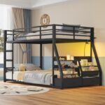ADORNEVE Low Bunk Bed Twin Over Twin with Storage Bookshelves, 2 Drawers & Power Outlet, LED Metal Floor Bunk with Full-Length Guardrail & Metal Slats, No Box Spring Needed, for Kids, Black - Image 10