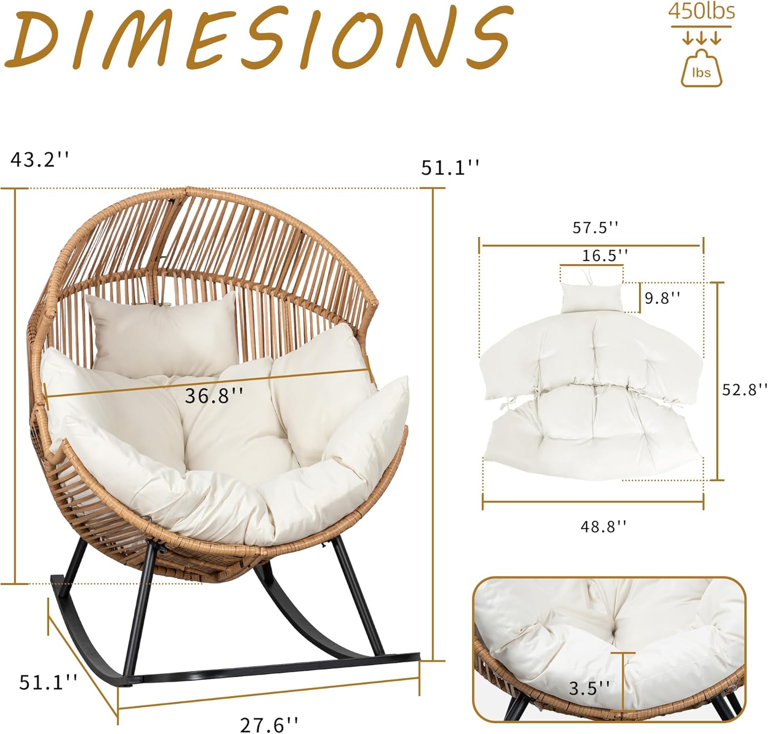 71PrXm27bVL._AC_SL1500_.jpg Shintenchi Wicker Egg Chair,Oversized Outdoor Indoor Rocking Chair,Large PE Rattan Rocking Chair with Cushion for Patio, Balcony, Backyard, Garden, Beige - Image 3