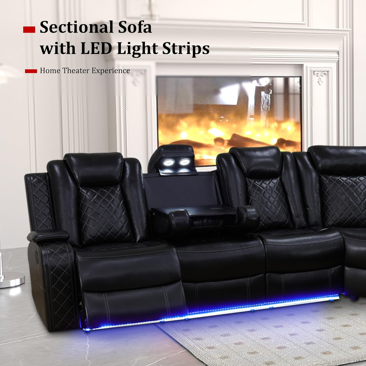 71PzvjhAsgL._AC_SL1500_.jpg Power Recliner Sectional Sofa with LED, Power Reclining Sectional Couch, Breathing Leather Sofa Couch with USB Port&Cup Holder for Living Room (Living Room Set,Black) - Image 6
