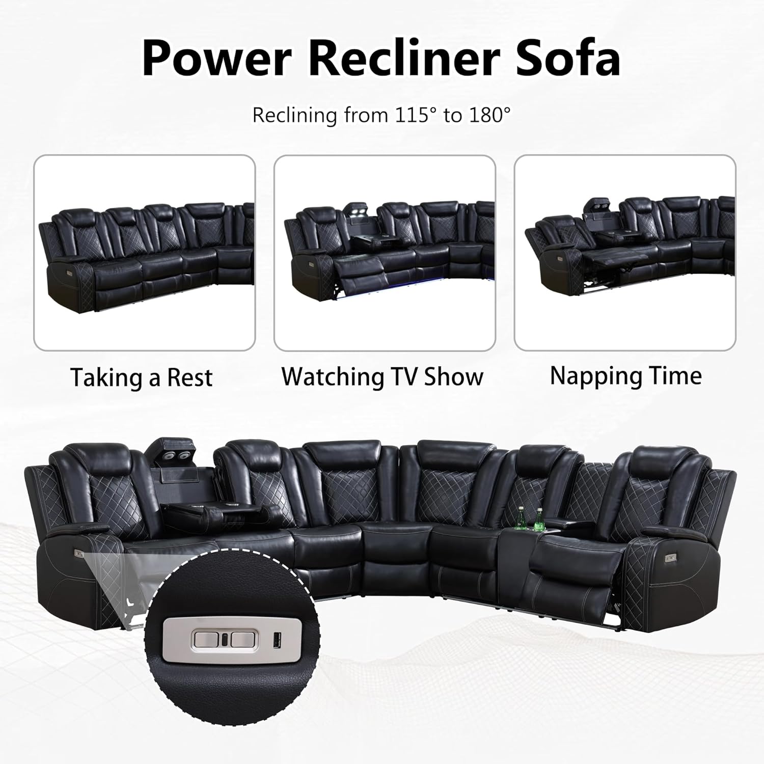 71Q0q27zML._AC_SL1500_.jpg Power Recliner Sectional Sofa with LED, Power Reclining Sectional Couch, Breathing Leather Sofa Couch with USB Port&Cup Holder for Living Room (Living Room Set,Black) - Image 5