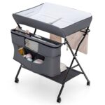 Costzon Baby Changing Table, Adjustable Height Portable Diaper Station w/Lockable Wheels, Safety Belt, Large Storage Rack & Bag, Folding Nursery Station for Infant Newborn (Grey) - Image 2