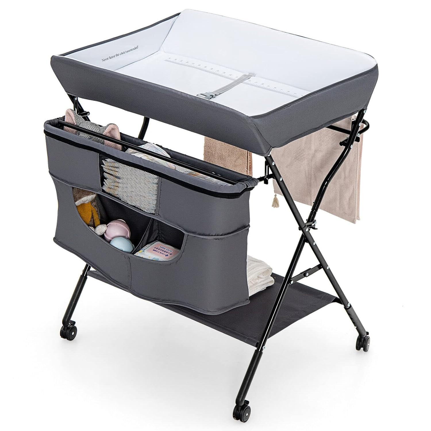 71QiUbKVdsL._SL1500_.jpg Costzon Baby Changing Table, Adjustable Height Portable Diaper Station w/Lockable Wheels, Safety Belt, Large Storage Rack & Bag, Folding Nursery Station for Infant Newborn (Grey) - Image 2