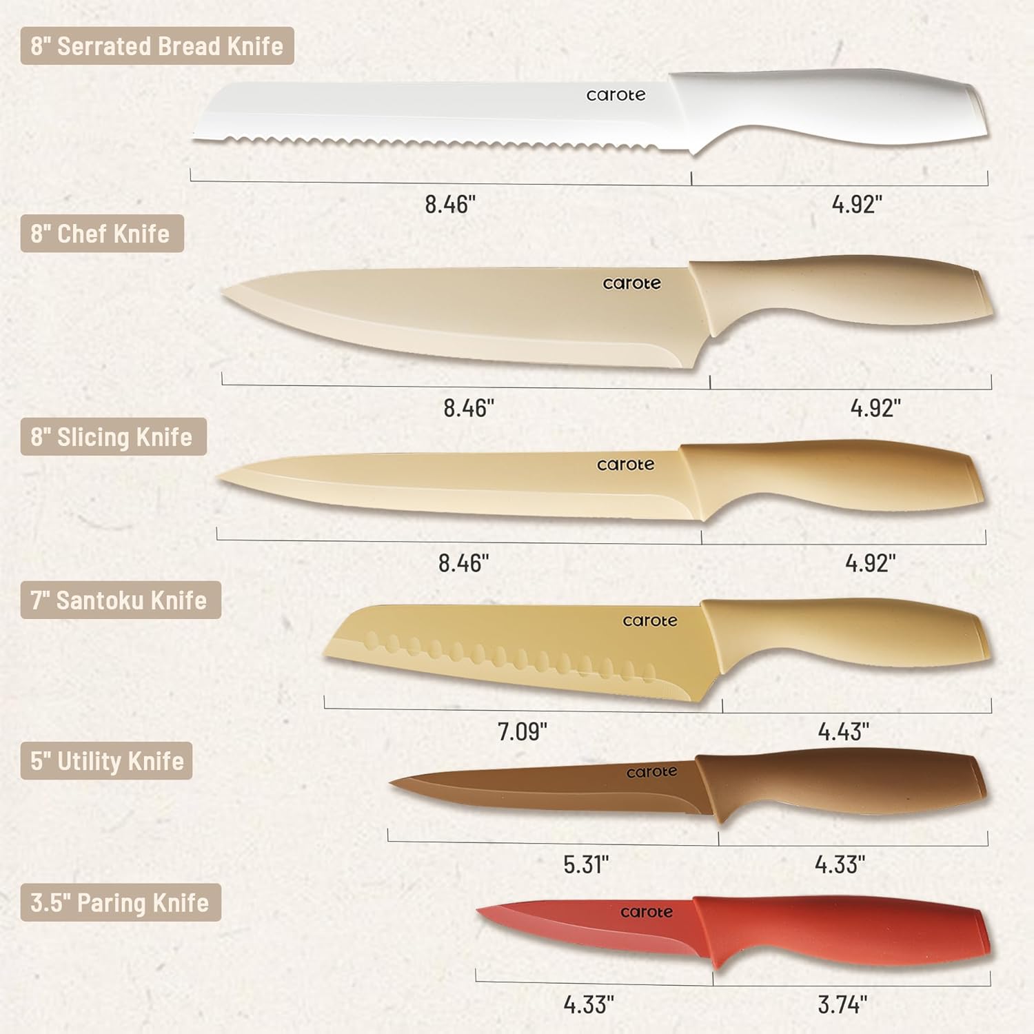 71RMTgnqZIL._AC_SL1500_.jpg CAROTE 12 Pieces Kitchen Knife Set, Stainless Steel Knife Set With Nonstick Ceramic Coating, Dishwasher Safe with 6 Blade Guards, Rustproof, Brown - Image 4