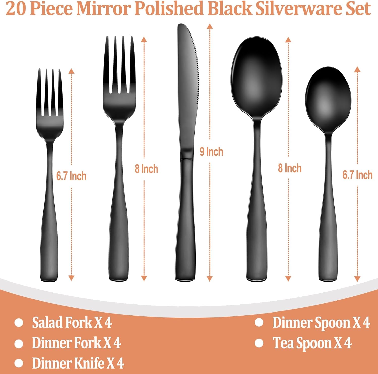 71TlOhsbLmL._AC_SL1500_.jpg 20 Pcs Black Silverware Set, Food-Grade Stainless Steel Flatware Set for 4, Square Cutlery Set, Mirror Polished Tableware Eating Utensils Set for Kitchen, Include Knife Fork Spoon Set,Dishwasher Safe - Image 3