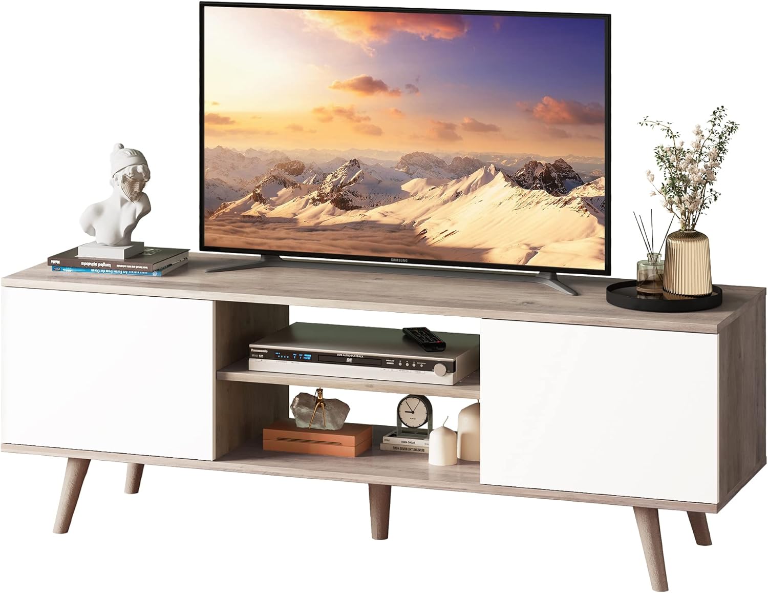 71TnyZxEPrL._AC_SL1500_.jpg WLIVE TV Stand for 55 60 inch TV, Boho Entertainment Center with Storage Cabinets, TV Console for Living Room Decor, Greige White - Image 2