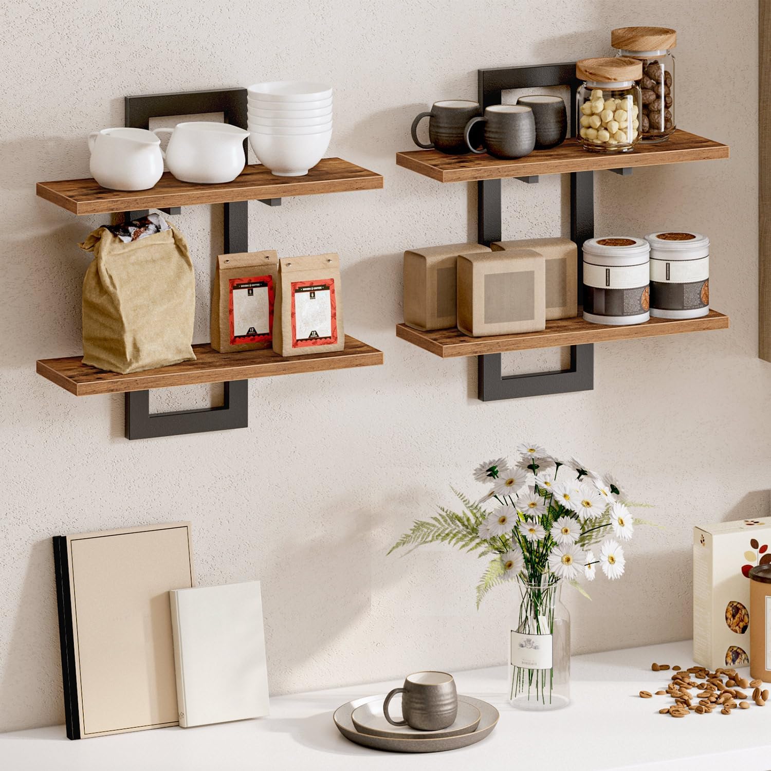 71U4p9jG8L._AC_SL1500_.jpg HOOBRO Floating Shelves, 15 Inch Wall Shelf Set of 2, Wall Mounted Storage Shelves 2-Tier, Hanging Bathroom Shelves, for Living Room, Bedroom, Bathroom, Kitchen, Rustic Brown and Black BF32BJ01 - Image 5