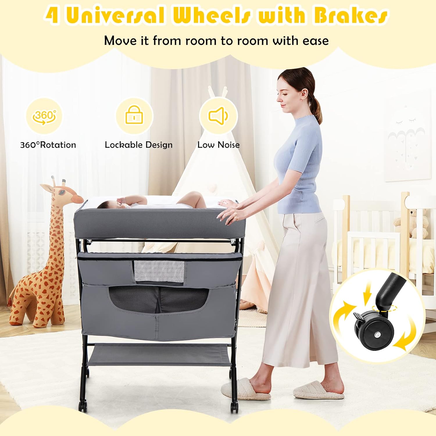 71Vv145nNsL._SL1500_.jpg Costzon Baby Changing Table, Adjustable Height Portable Diaper Station w/Lockable Wheels, Safety Belt, Large Storage Rack & Bag, Folding Nursery Station for Infant Newborn (Grey) - Image 9