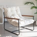 MAXYOYO Modern Accent Chair, Comfy Living Room Chair with Metal Frame Wooden Armrest, Upholstered Armchair with Soft Cushion for Bedroom Balcony Lounge Reading Room, Beige - Image 2